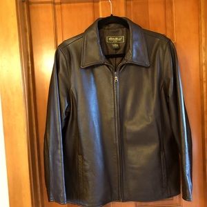 Brown leather bomber jacket